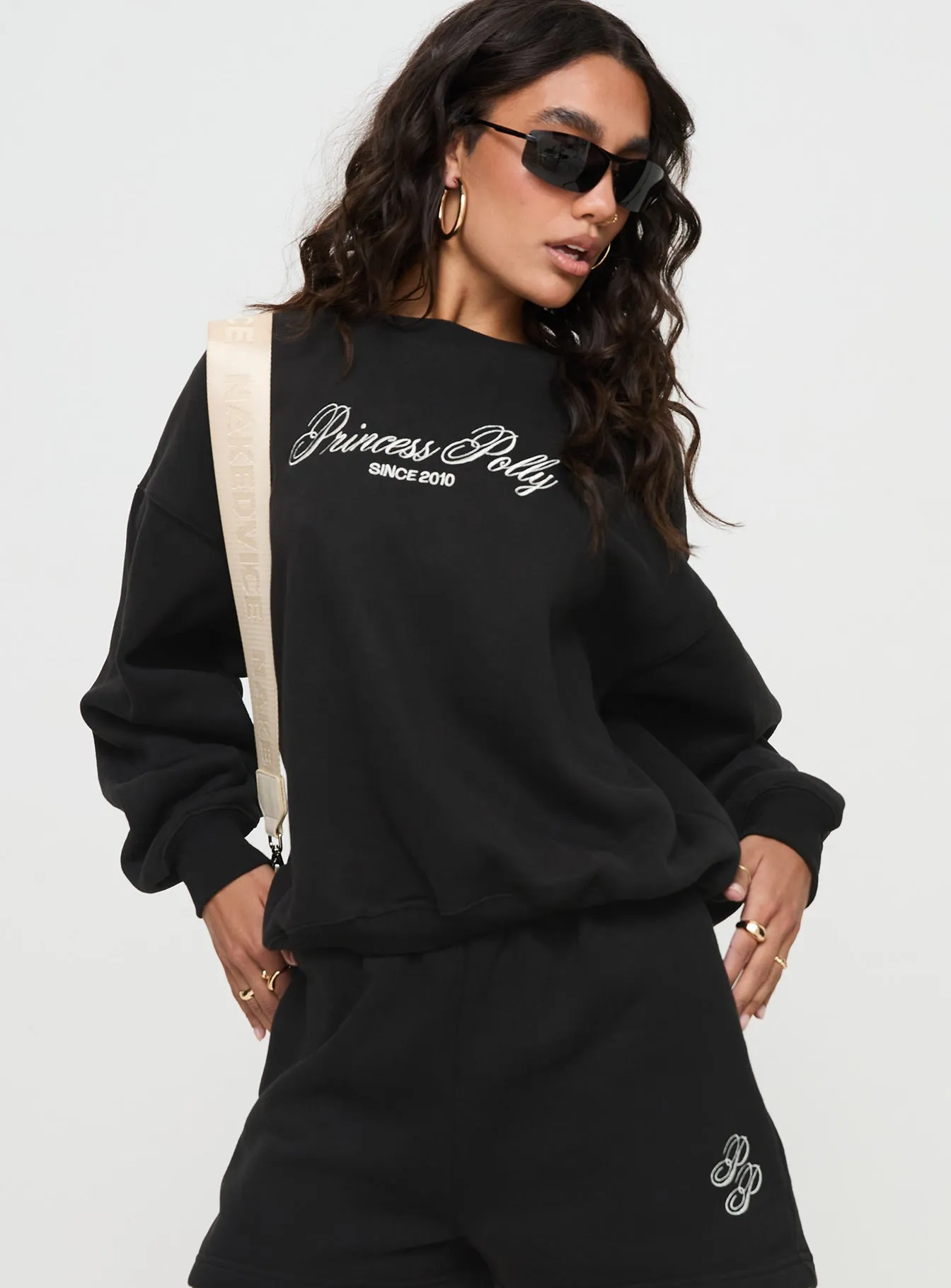 Princess Polly Crew Neck Sweatshirt Cursive Text Black Sand sold by Princess Polly product image thumbnail 2