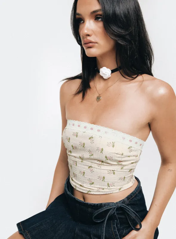 Chariot Strapless Top White / Floral sold by Princess Polly