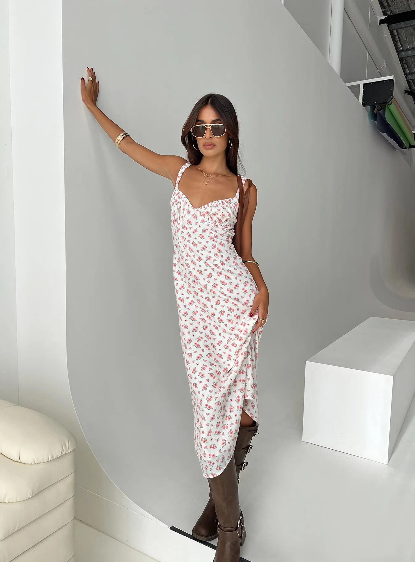 Georgia Midi Dress White / Pink Floral sold by Princess Polly