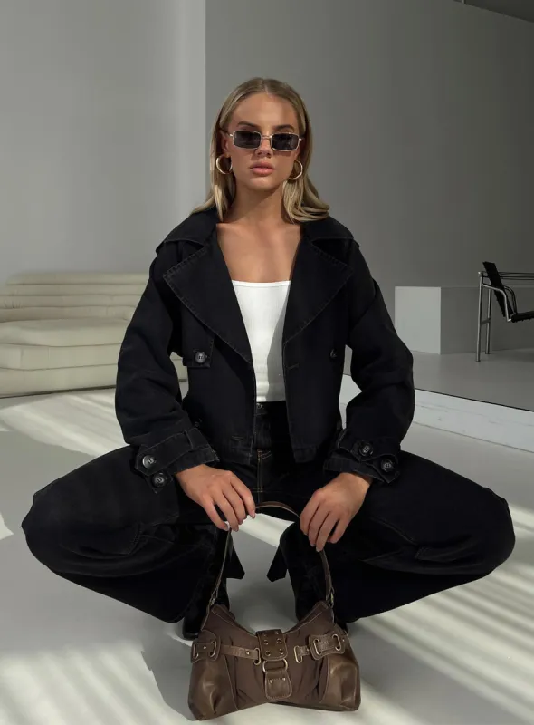 Too Soon Cropped Trench Washed Black sold by Princess Polly