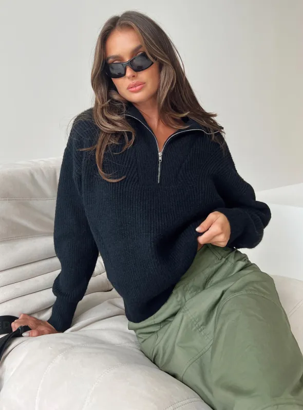 Ferry Zip Front Sweater Black Lower Impact sold by Princess Polly