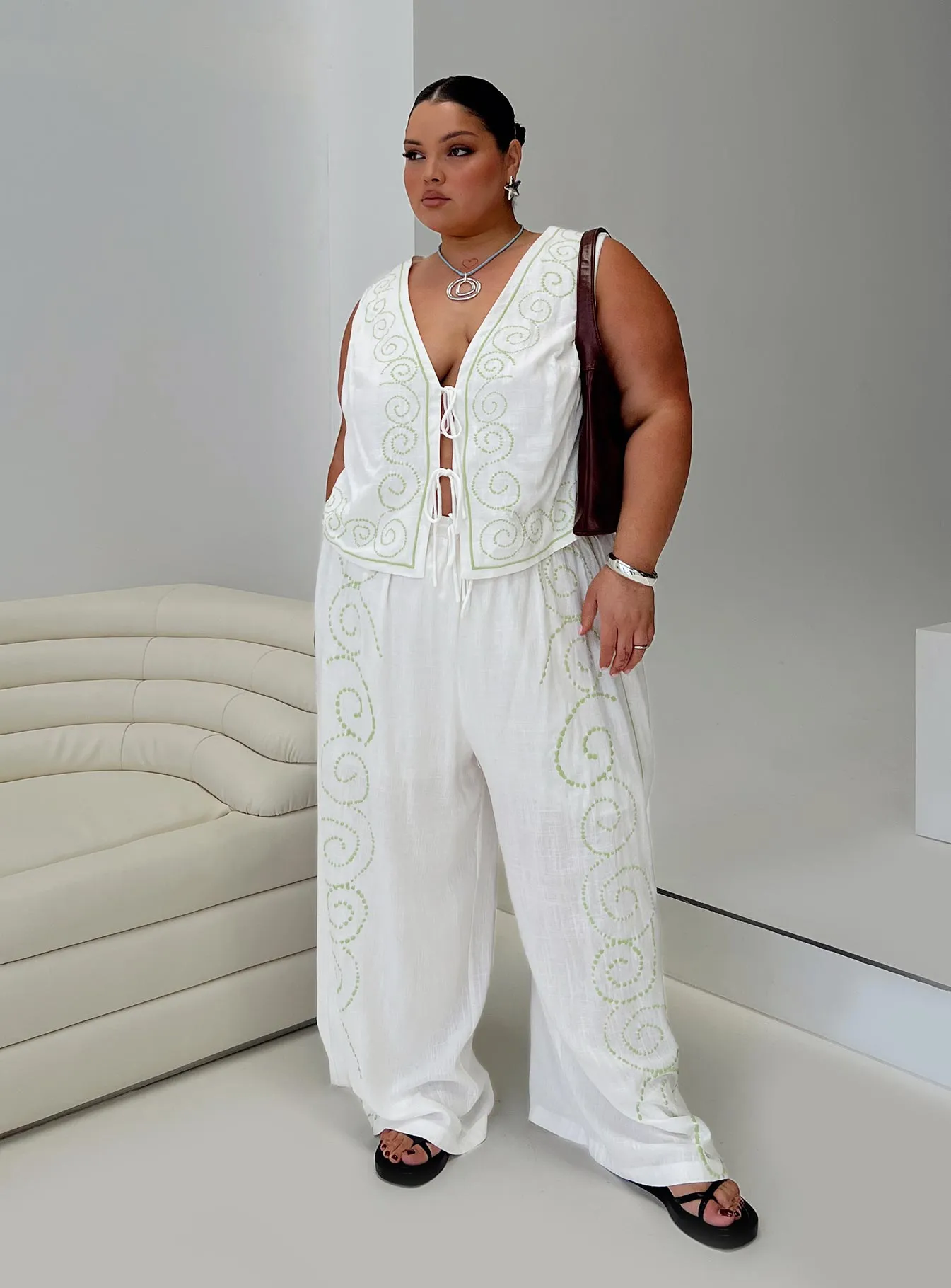 Kindred Pants White / Green Curve sold by Princess Polly