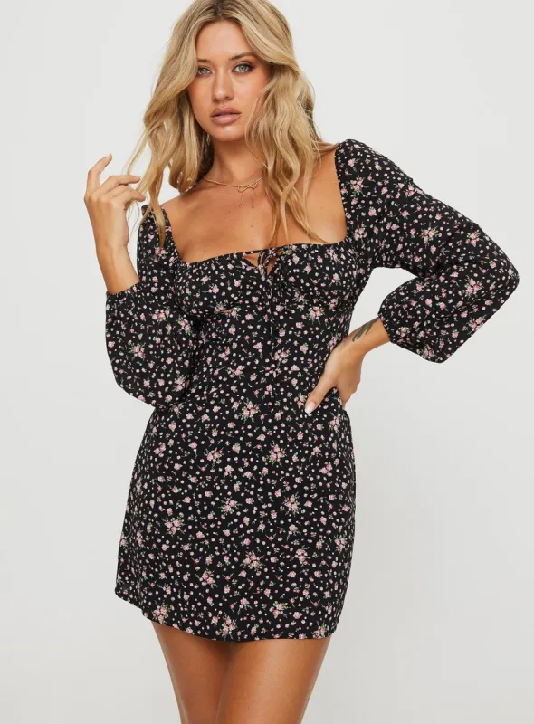 Lyndon Long Sleeve Mini Dress Black / Floral sold by Princess Polly