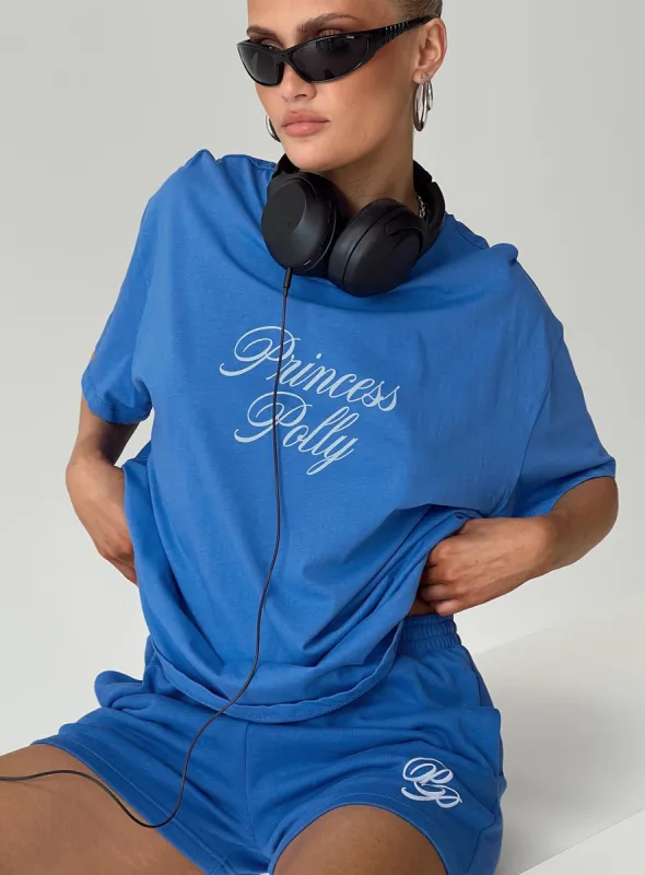 Princess Polly Cursive Oversized Tee Blue / White sold by Princess Polly