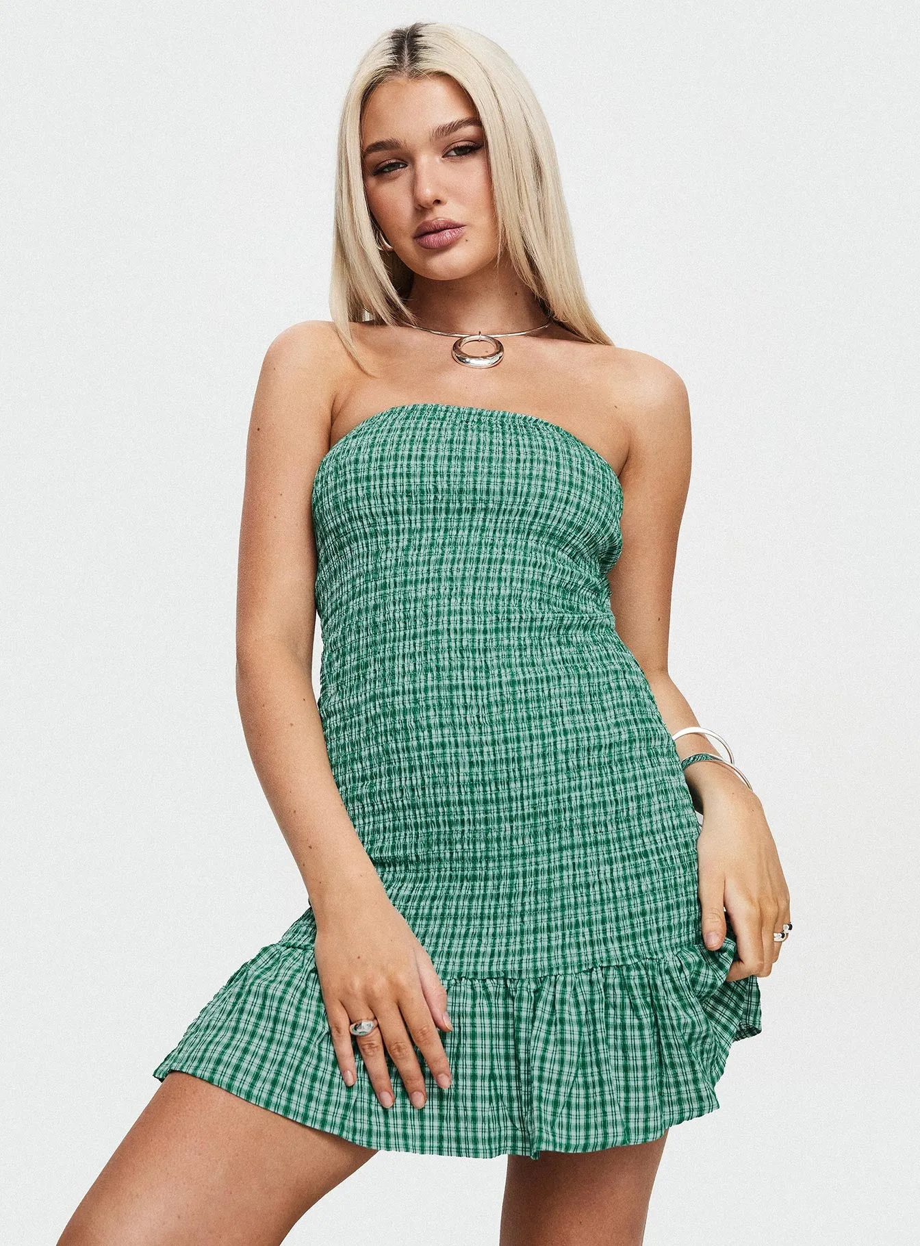 Porschia Strapless Mini Dress Green Check sold by Princess Polly