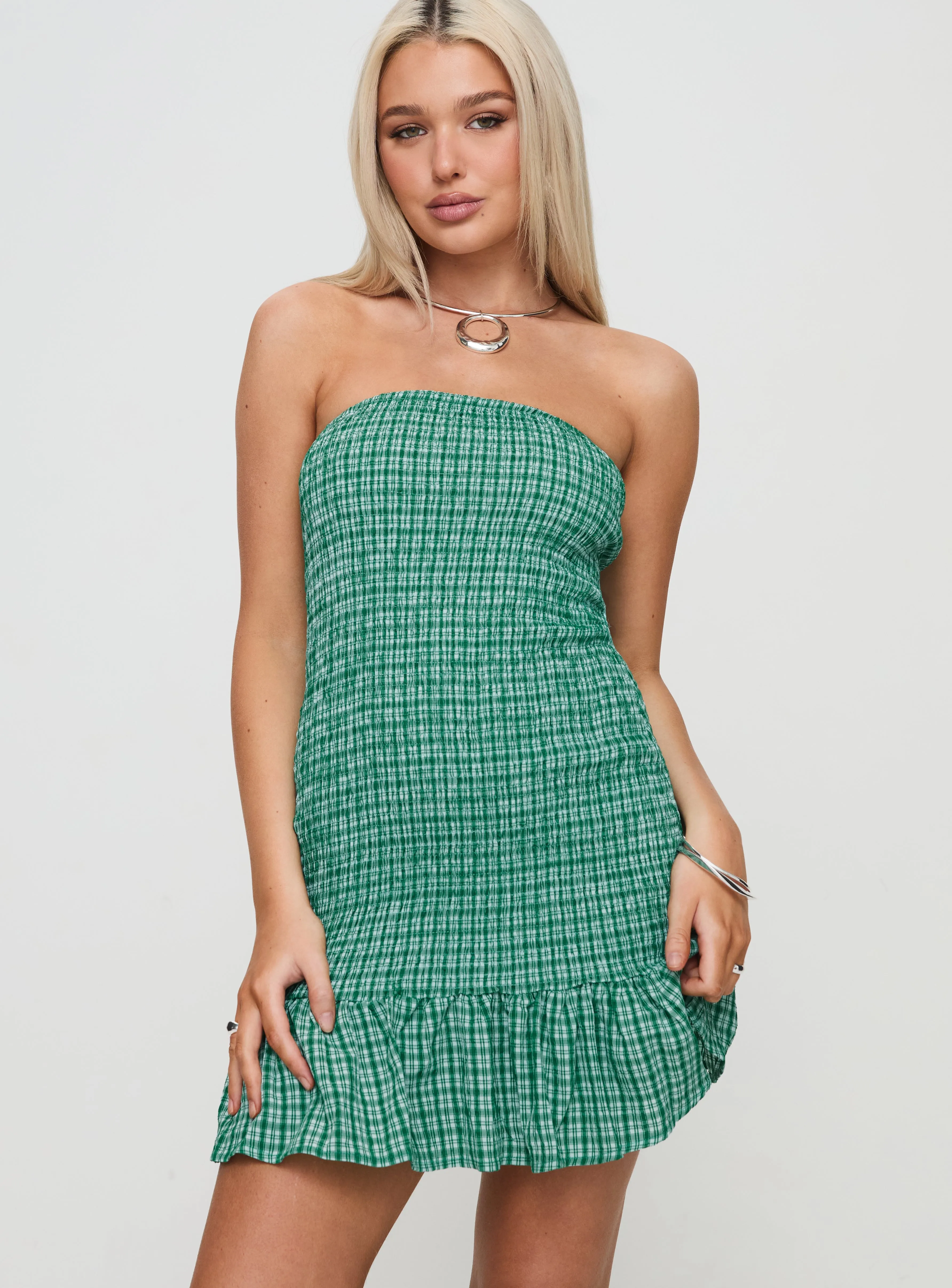 Porschia Strapless Mini Dress Green Check sold by Princess Polly product image thumbnail 2