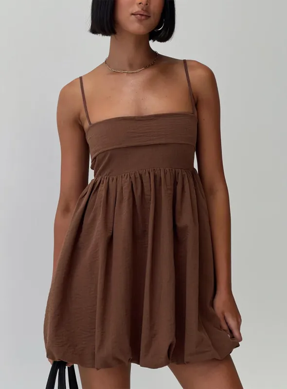 Layken Bubble Hem Mini Dress Chocolate sold by Princess Polly