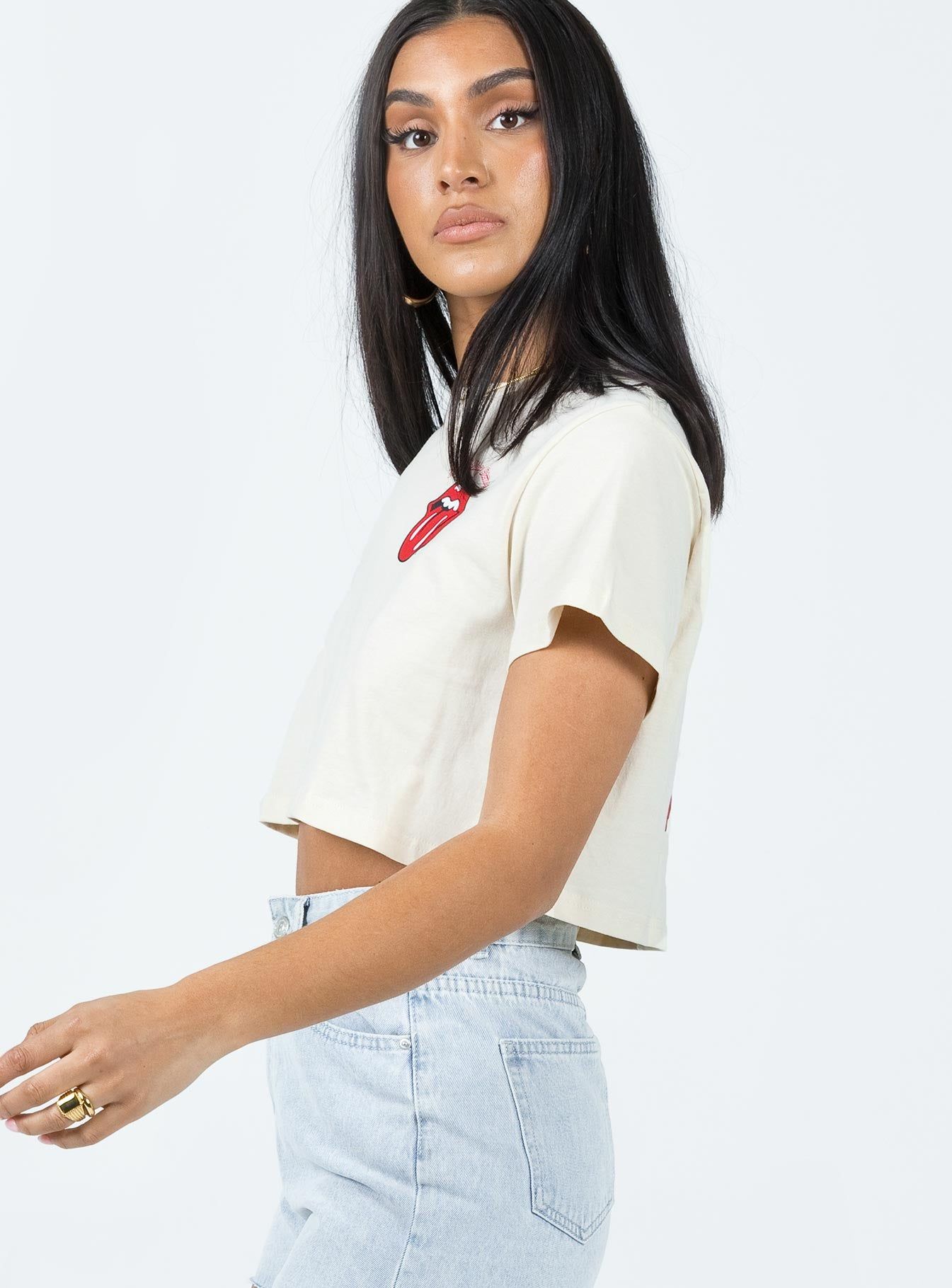 Rolling Stones Many Tongues Crop Tee Beige sold by Princess Polly product image thumbnail 4