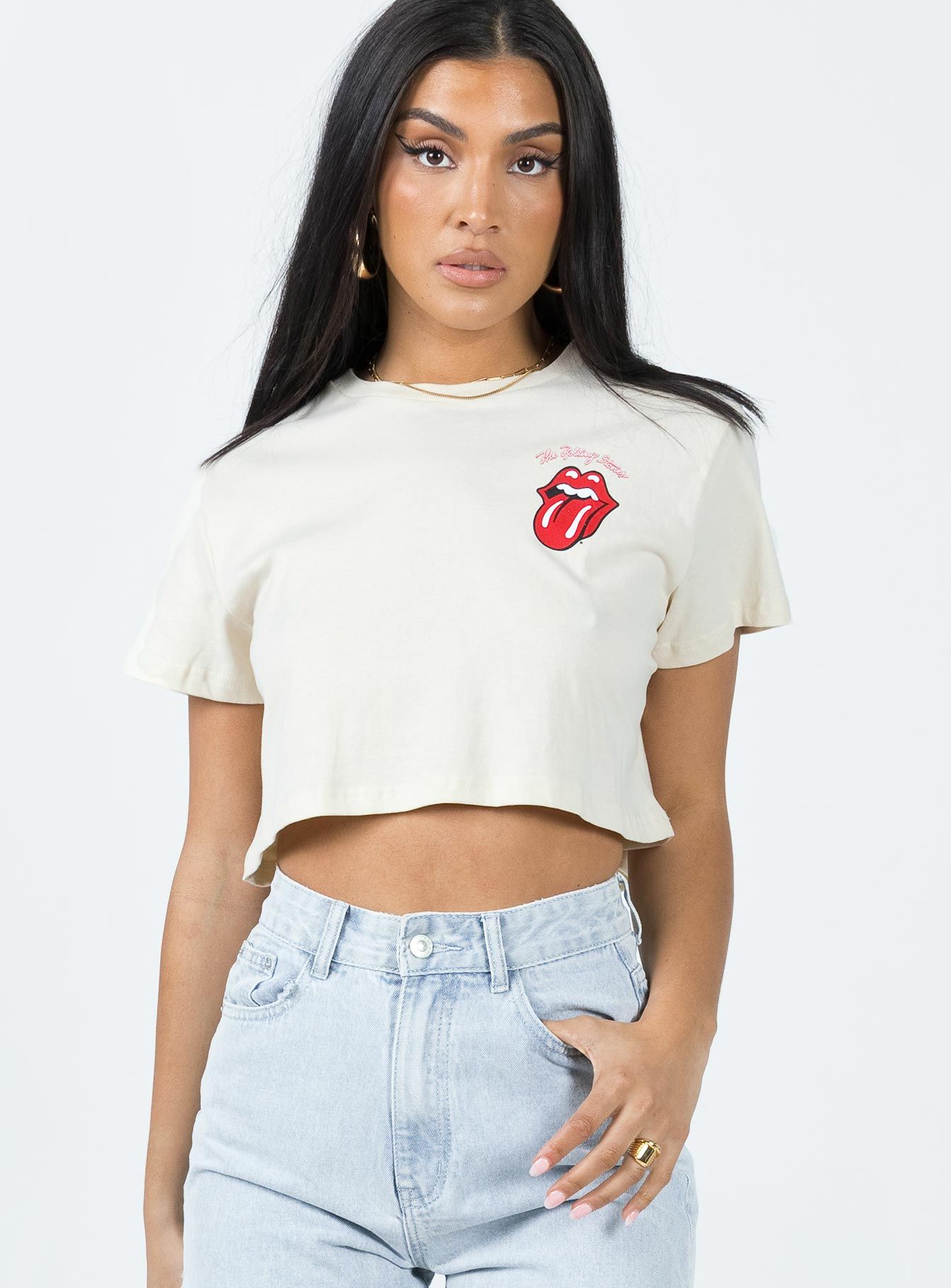 Rolling Stones Many Tongues Crop Tee Beige sold by Princess Polly product image thumbnail 2