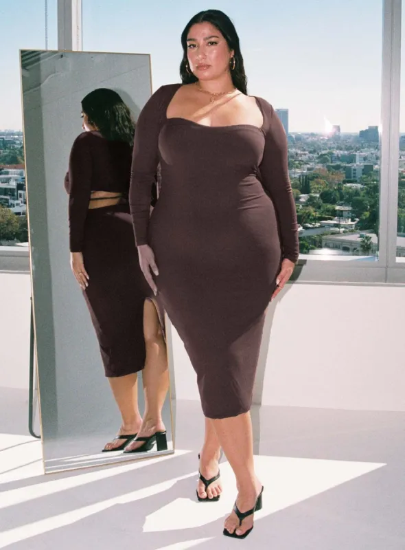 Nolan Midi Dress Brown Curve sold by Princess Polly