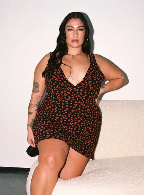 Nellie Mini Dress Black / Red Floral Curve sold by Princess Polly
