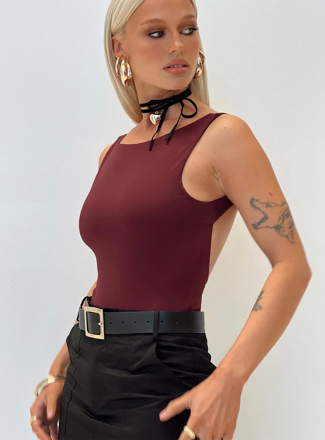 Coomba Backless Bodysuit Burgundy sold by Princess Polly