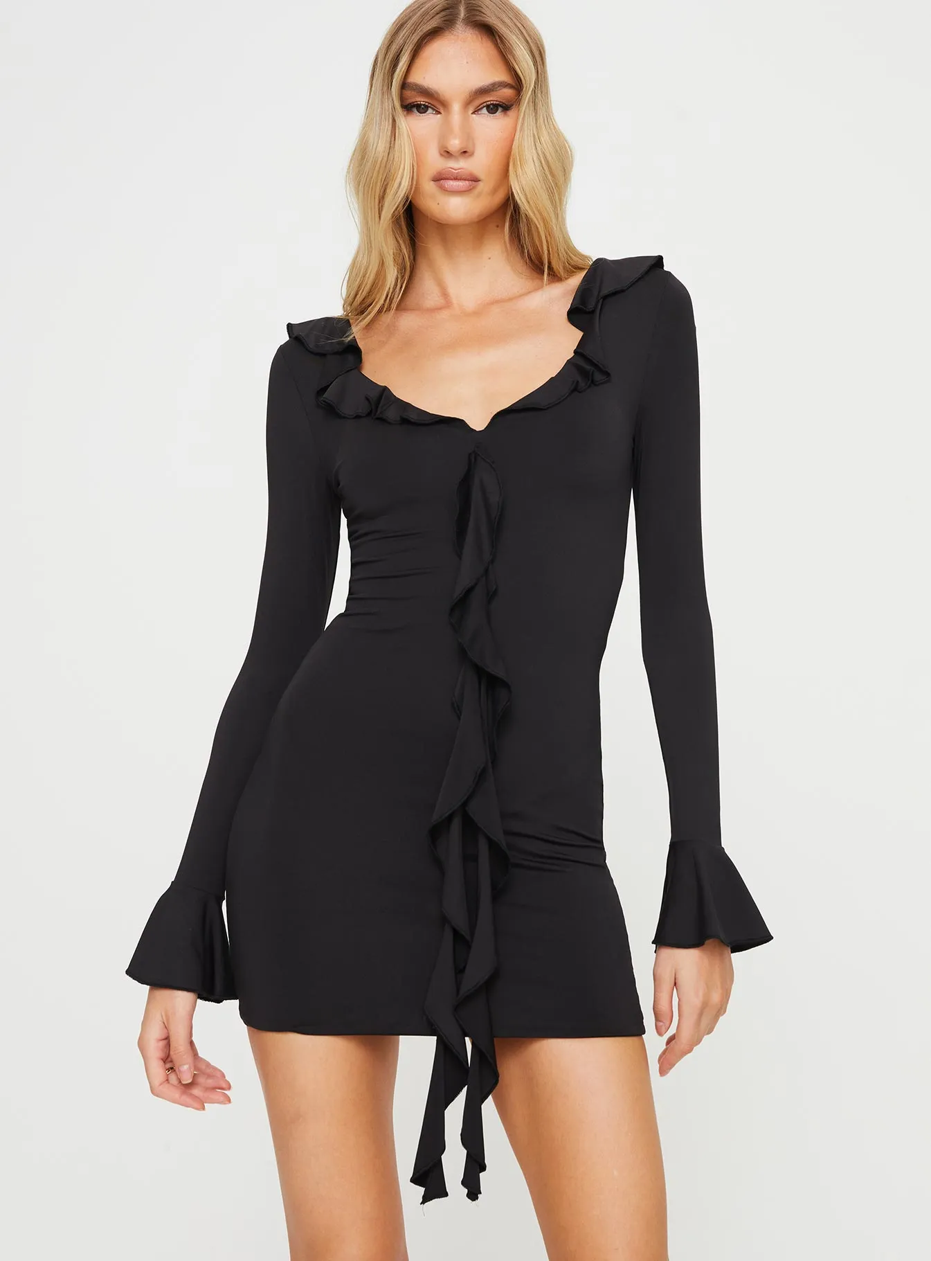 fitted lace wedding dress Dalzine Long Sleeve Mini Dress | Black | Womens main image 0