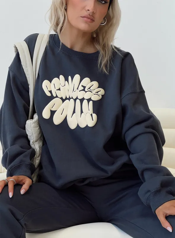 Princess Polly Crew Neck Sweatshirt Bubble Text Slate / Eggshell sold by Princess Polly