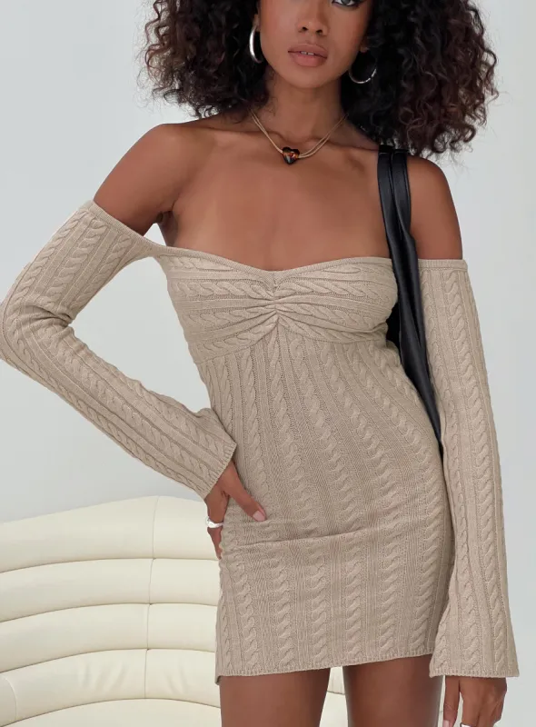 Bayard Off The Shoulder Knit Mini Dress Beige sold by Princess Polly