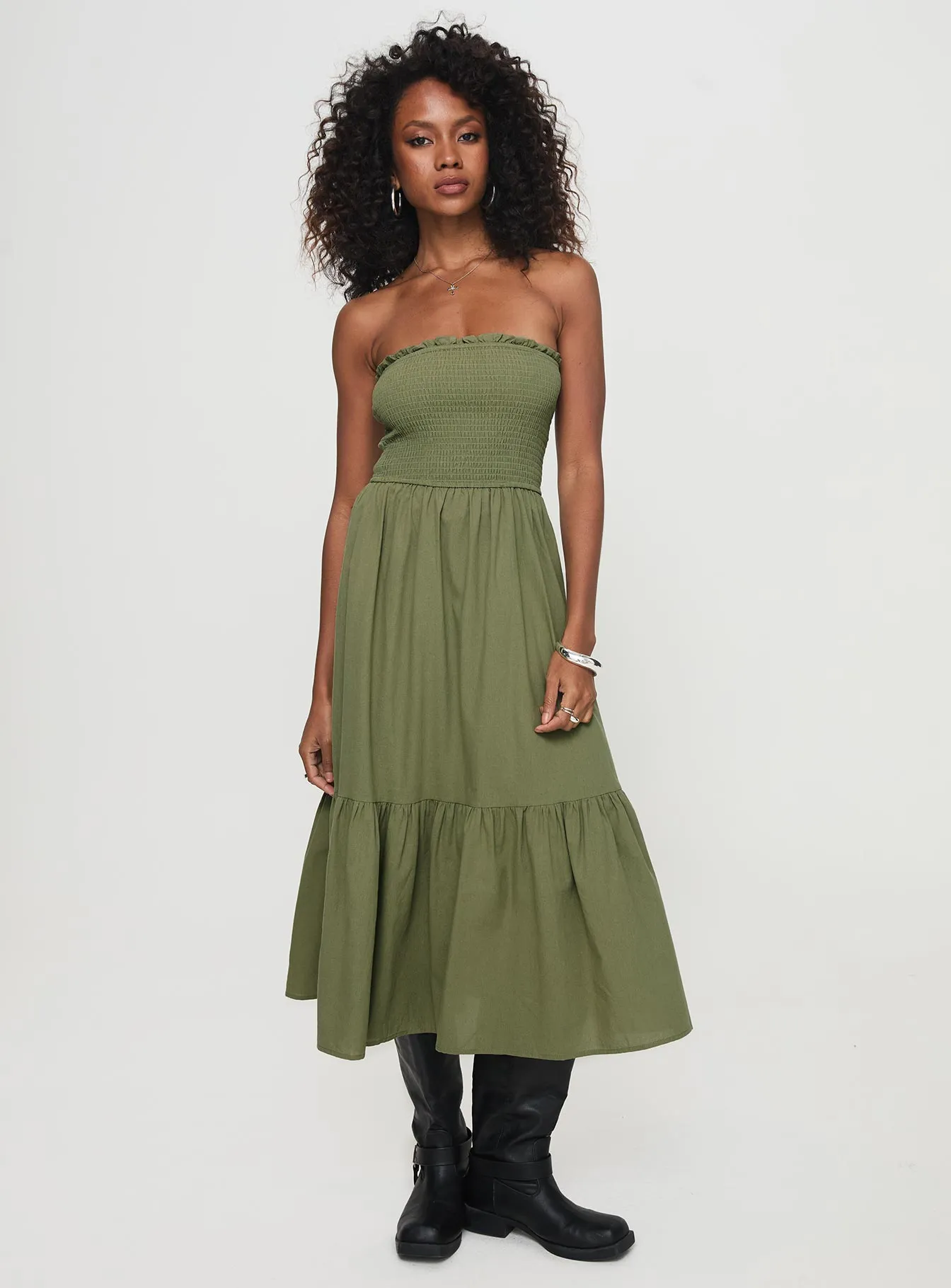 Chani Strapless Maxi Dress Olive sold by Princess Polly