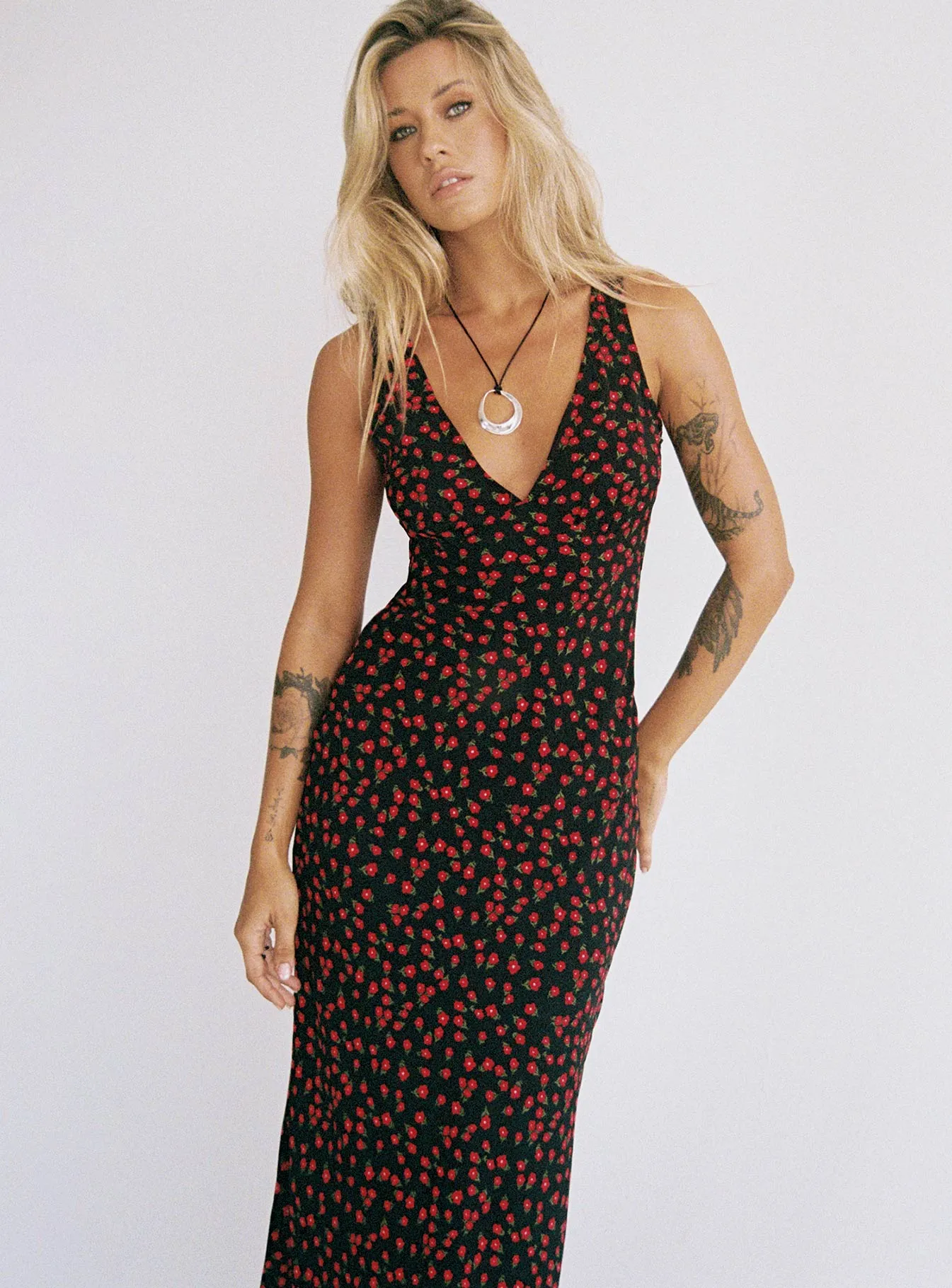 Nellie Maxi Dress Black/Red Floral sold by Princess Polly