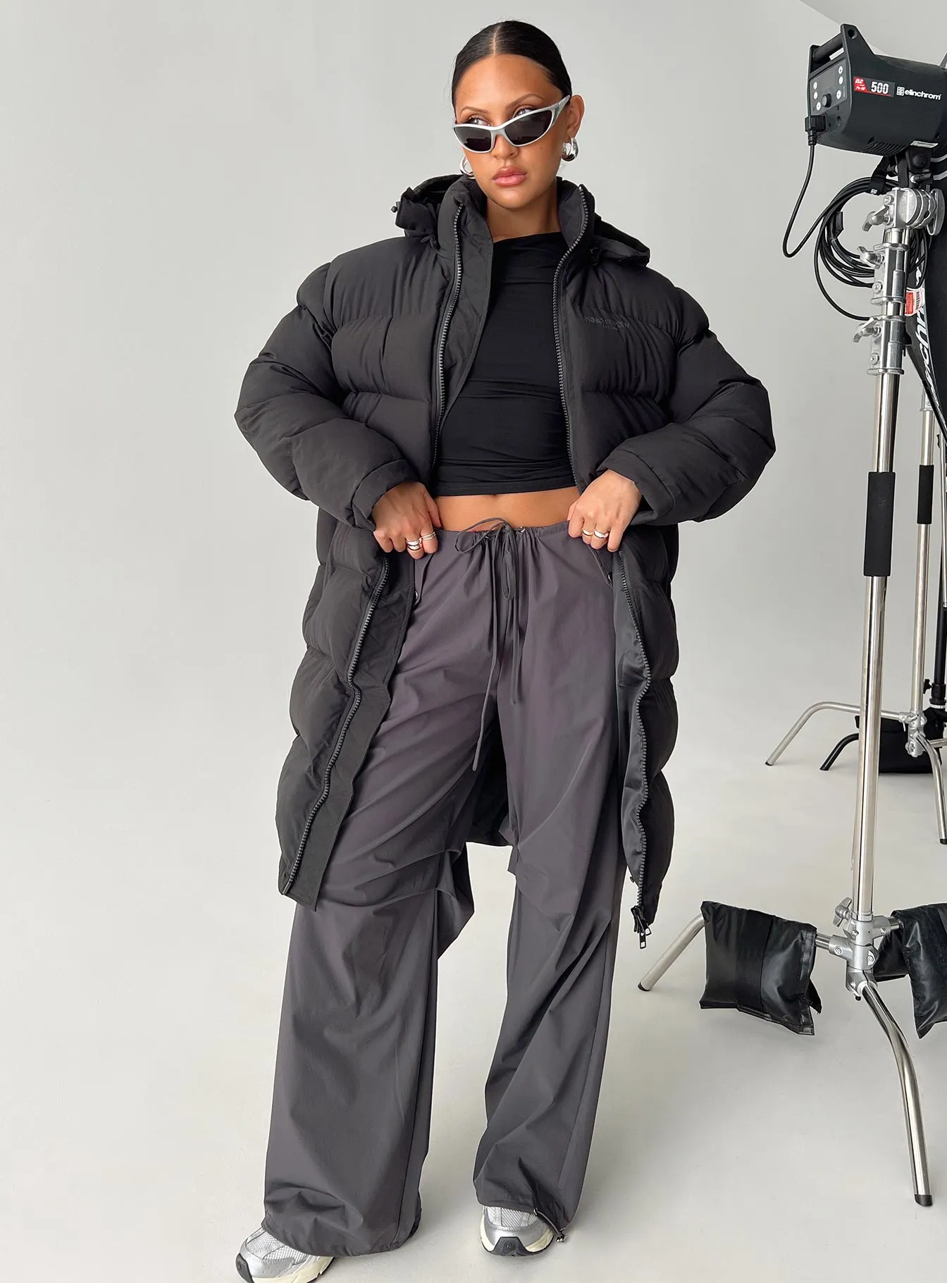 Dream Puff Technical Longline Puffer Jacket Black sold by Princess Polly