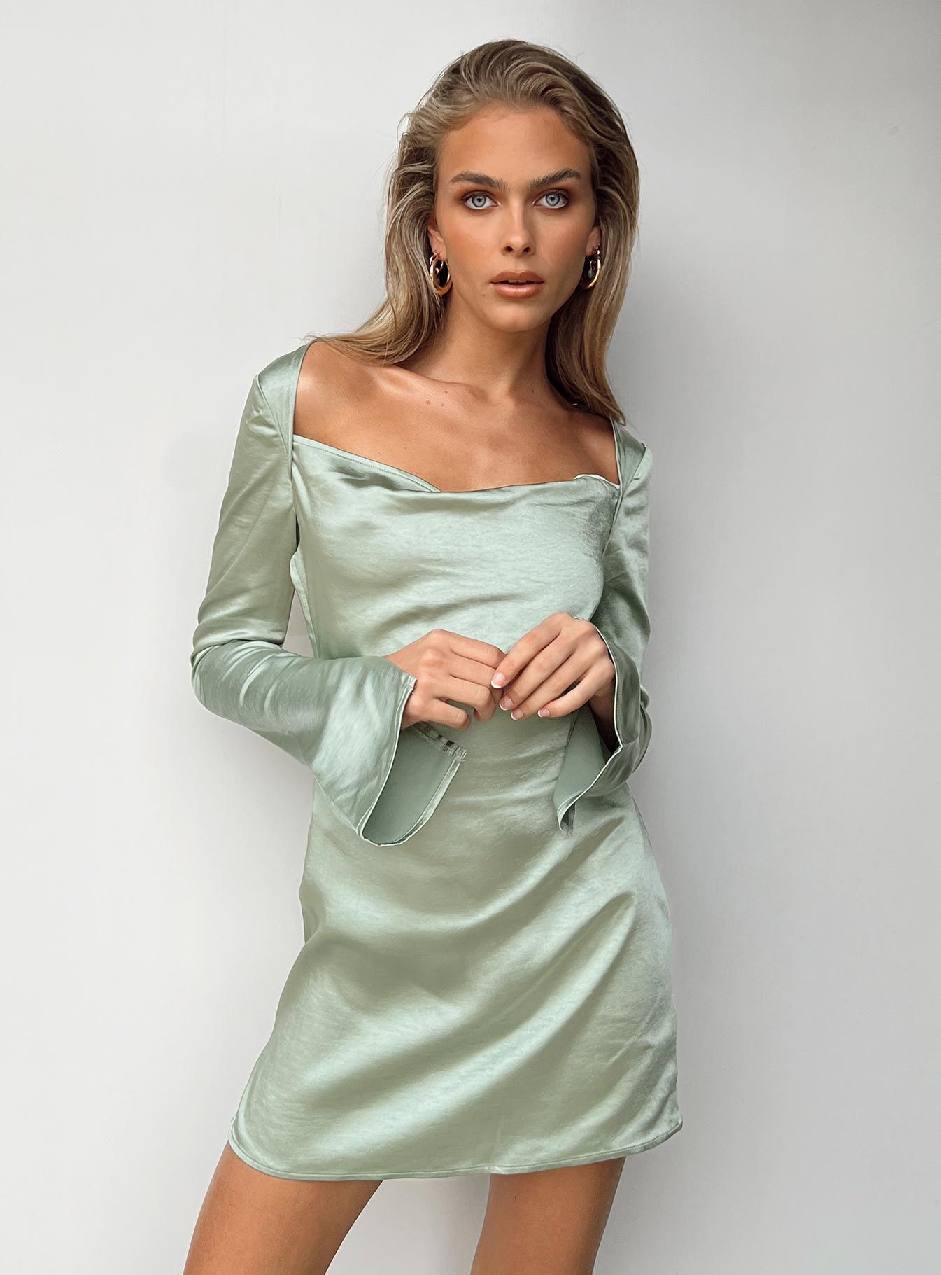 Maia Long Sleeve Mini Dress Green sold by Princess Polly