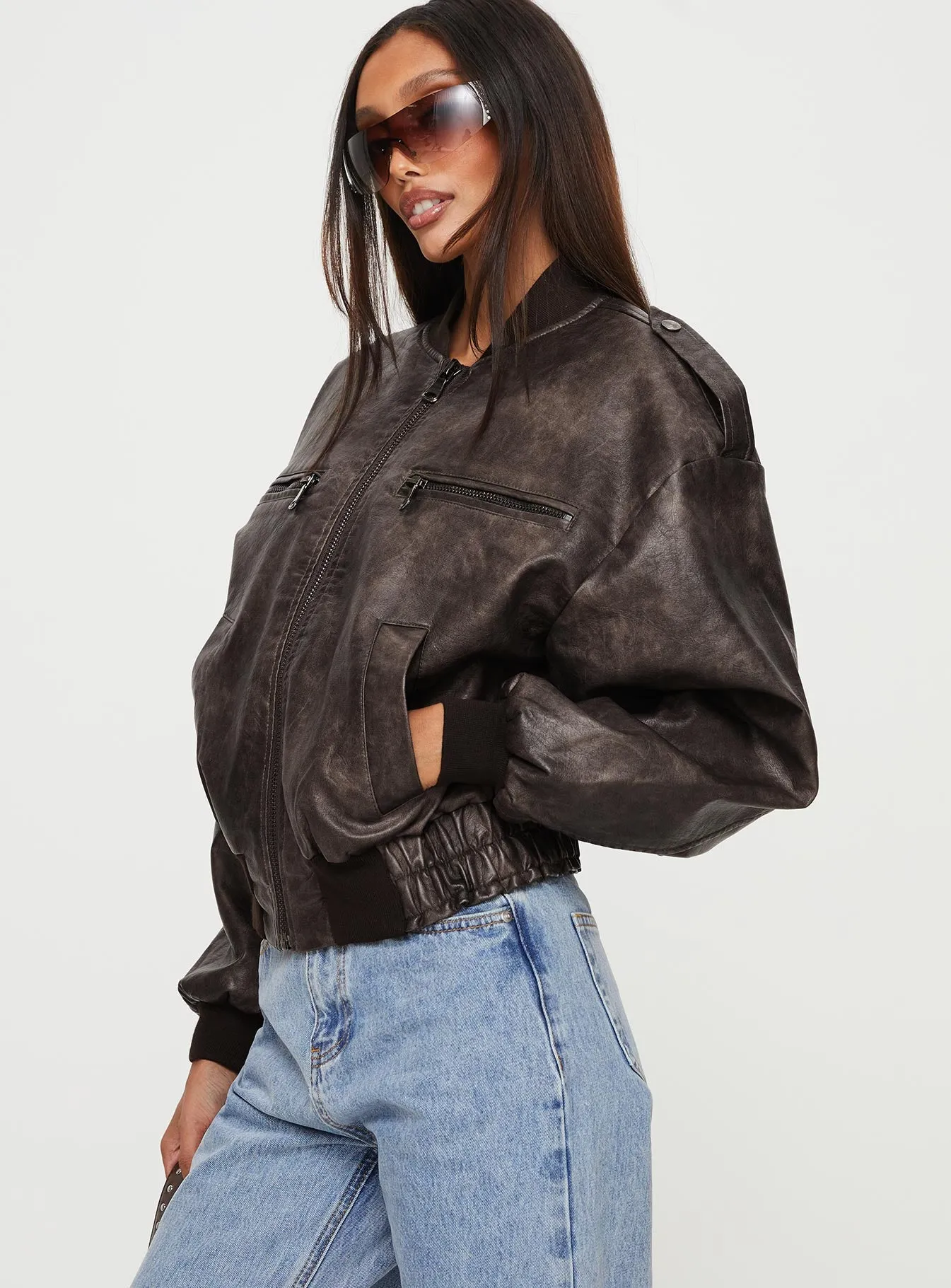 Casey Faux Leather Biker Jacket Chocolate sold by Princess Polly product image thumbnail 4