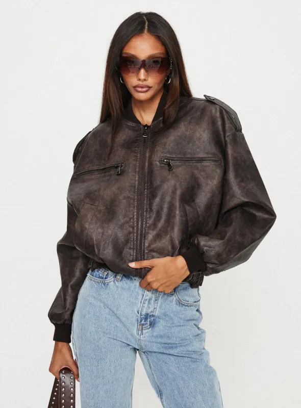 Casey Faux Leather Biker Jacket Chocolate sold by Princess Polly