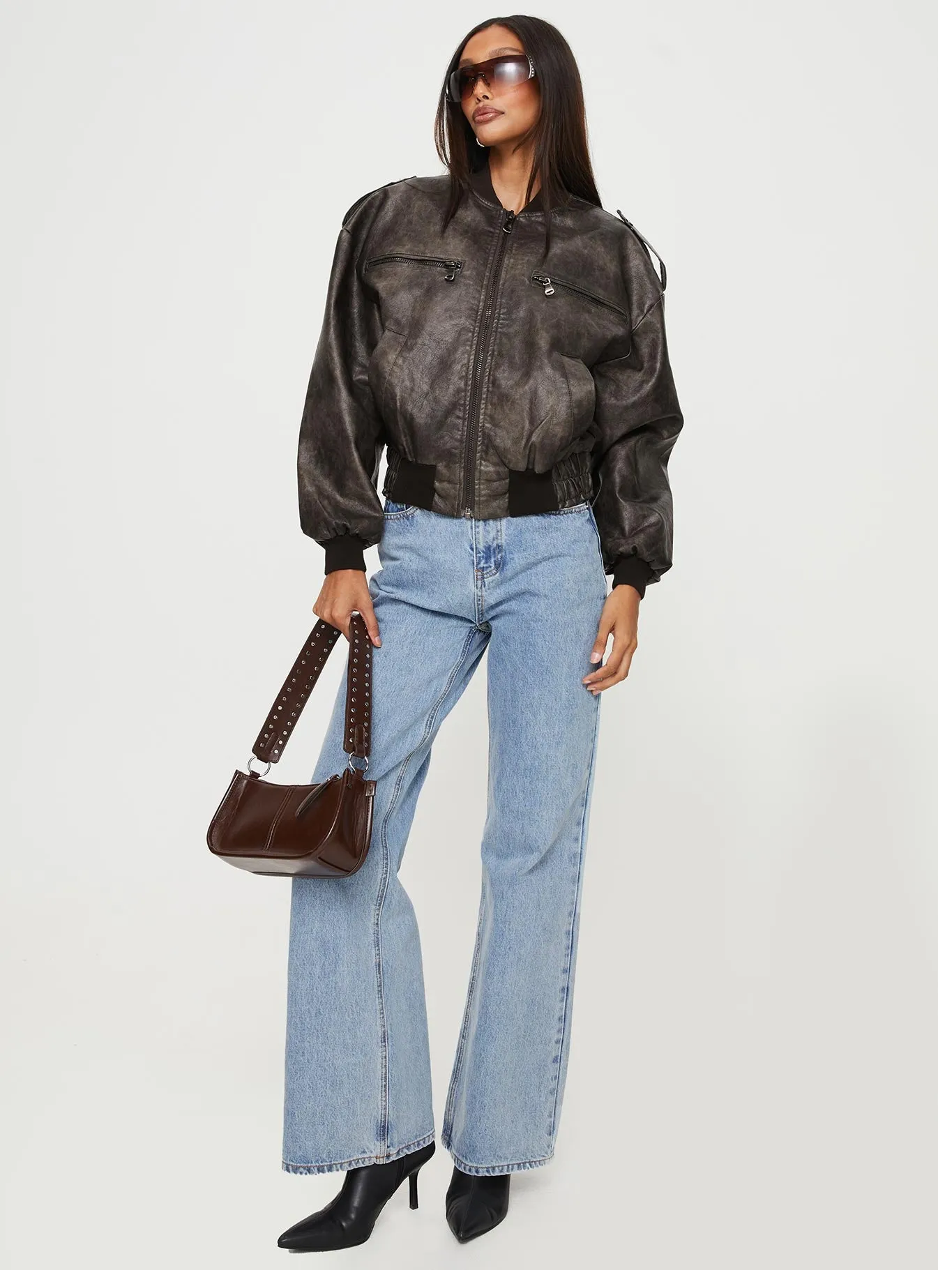 Casey Faux Leather Biker Jacket Chocolate sold by Princess Polly product image thumbnail 3