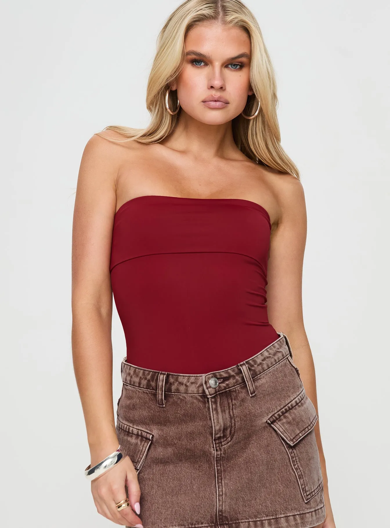 Niner Strapless Bodysuit Burgundy Petite sold by Princess Polly product image thumbnail 2