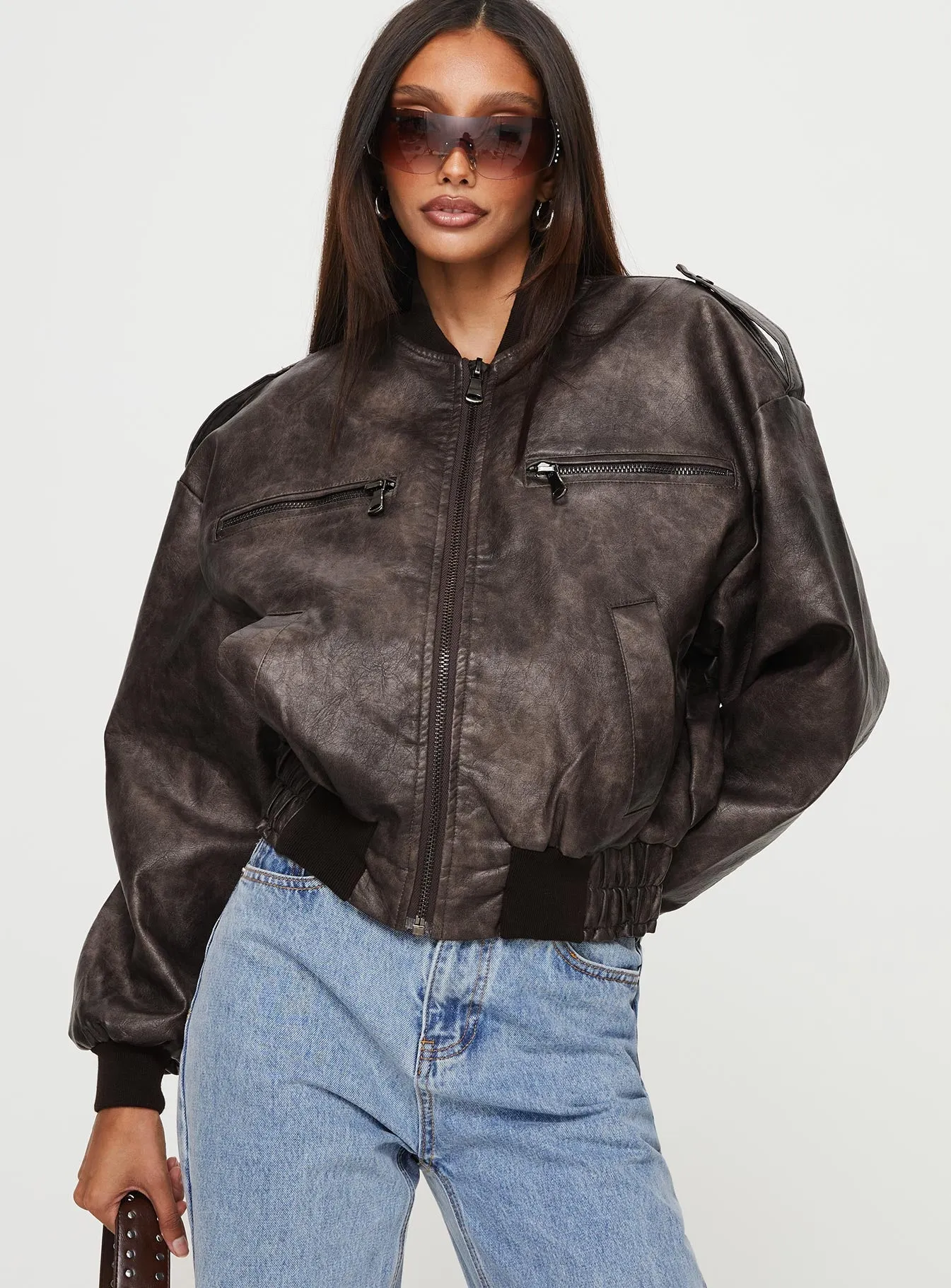 Casey Faux Leather Biker Jacket Chocolate sold by Princess Polly product image thumbnail 2