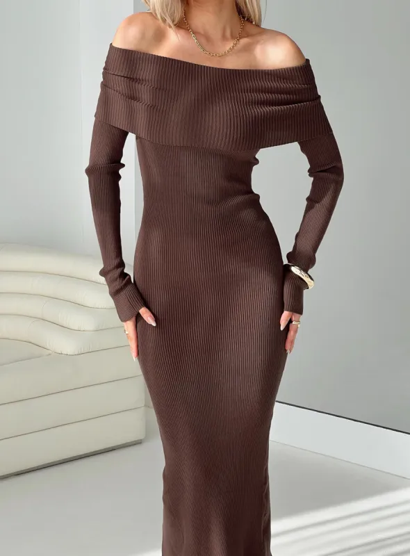 Phylis Off The Shoulder Maxi Dress Chocolate sold by Princess Polly