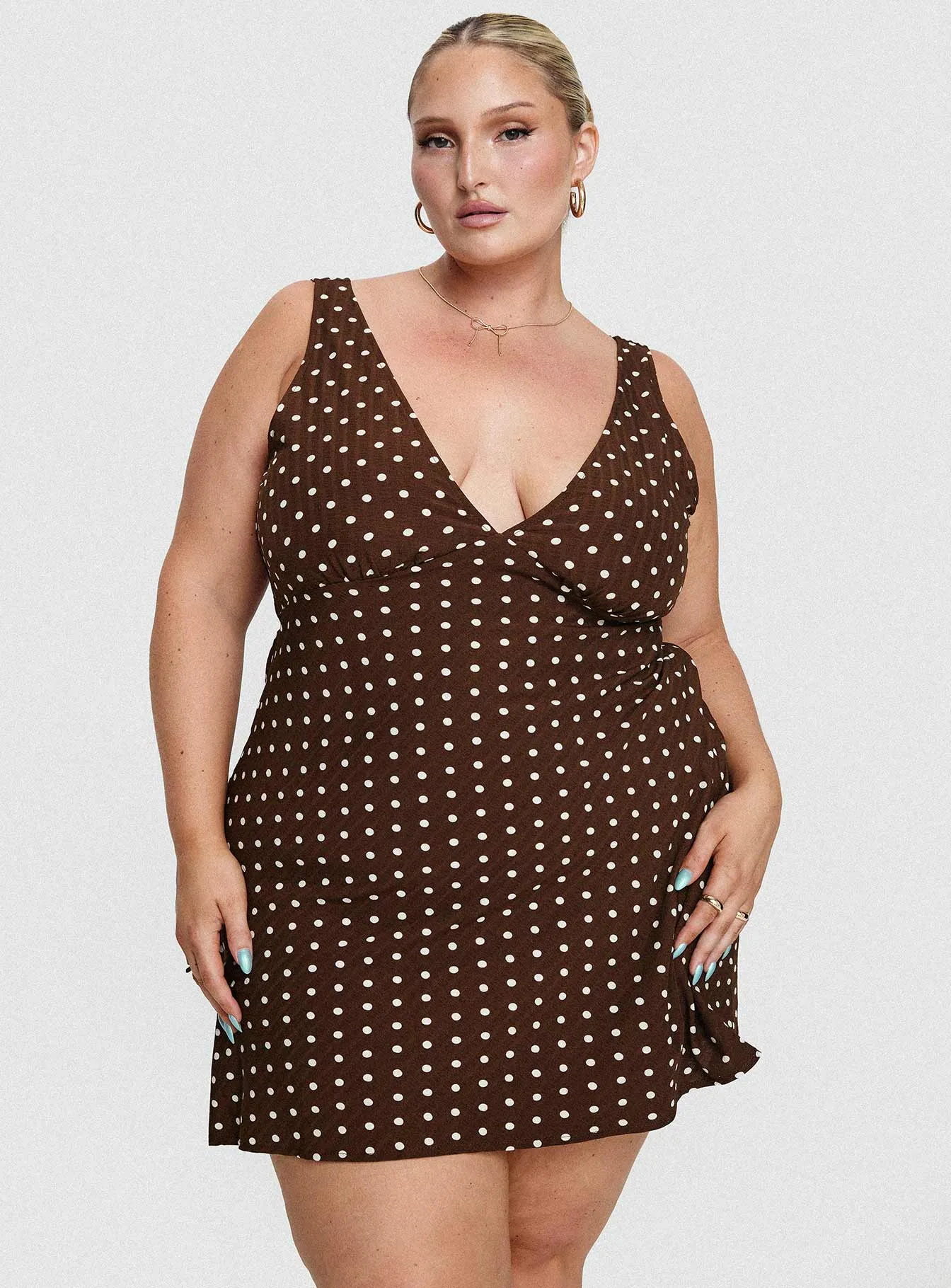 Nellie Mini Dress Brown Polka Dot Curve sold by Princess Polly