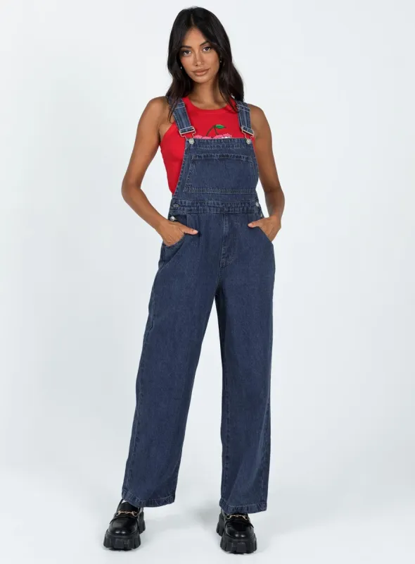 Kacey Long Overalls Mid Blue sold by Princess Polly