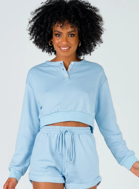 Rise & Lounge Cropped Henley Sweatshirt Blue made by Princess Polly