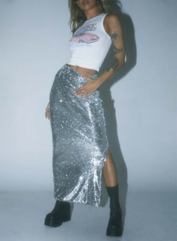 Alyce Maxi Skirt Silver sold by Princess Polly
