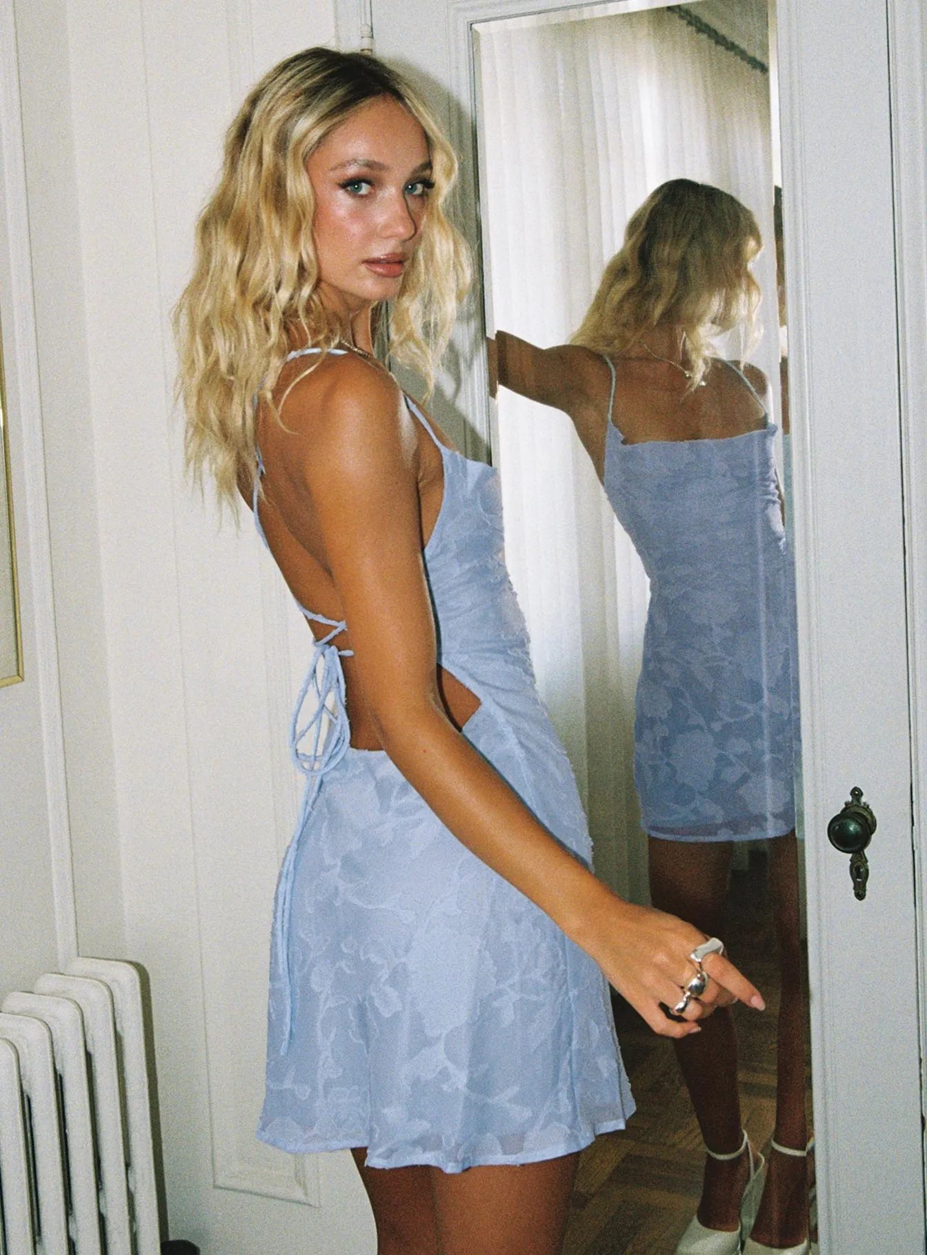 Celena Mini Dress Light Blue Burnout sold by Princess Polly product image thumbnail 4