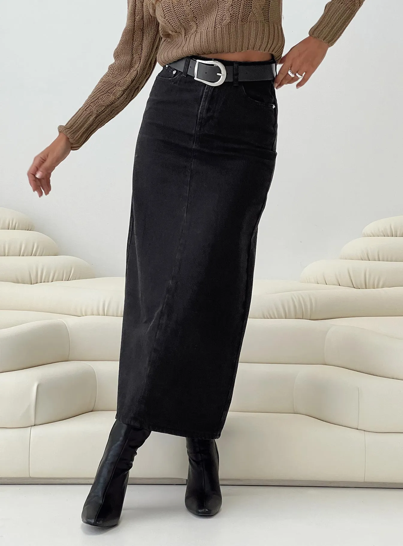 Whessler Split Back Denim Midi Skirt Black sold by Princess Polly