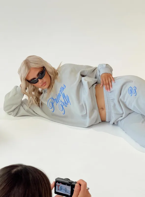 Princess Polly Hooded Sweatshirt Cursive Text Grey / Blue sold by Princess Polly