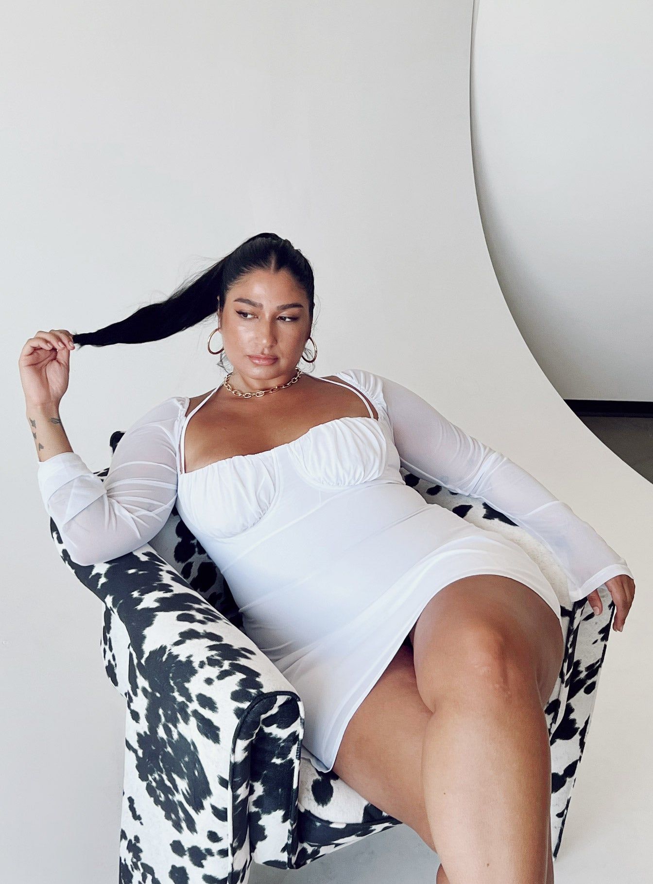 Dyer Sheer Sleeve Mini Dress White Curve sold by Princess Polly