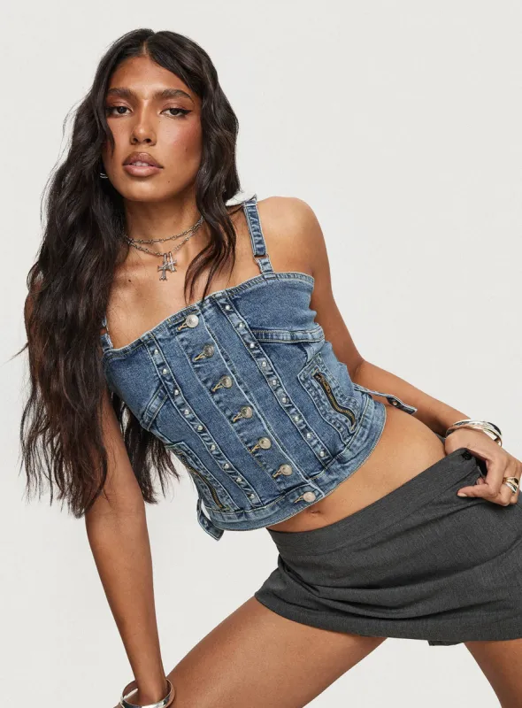 Yappa Denim Top Mid Wash sold by Princess Polly