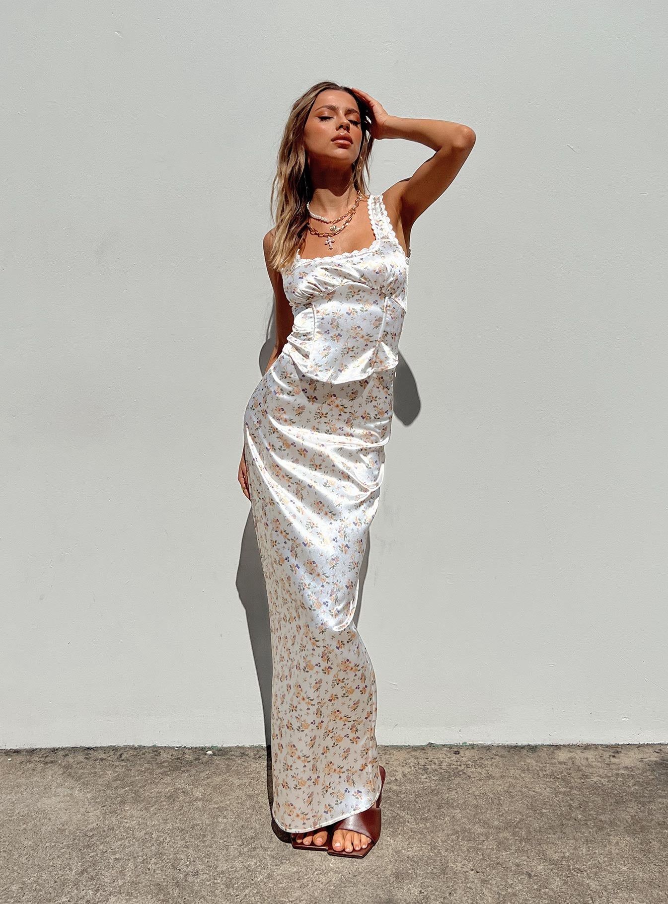 Berlin Satin Maxi Skirt White sold by Princess Polly