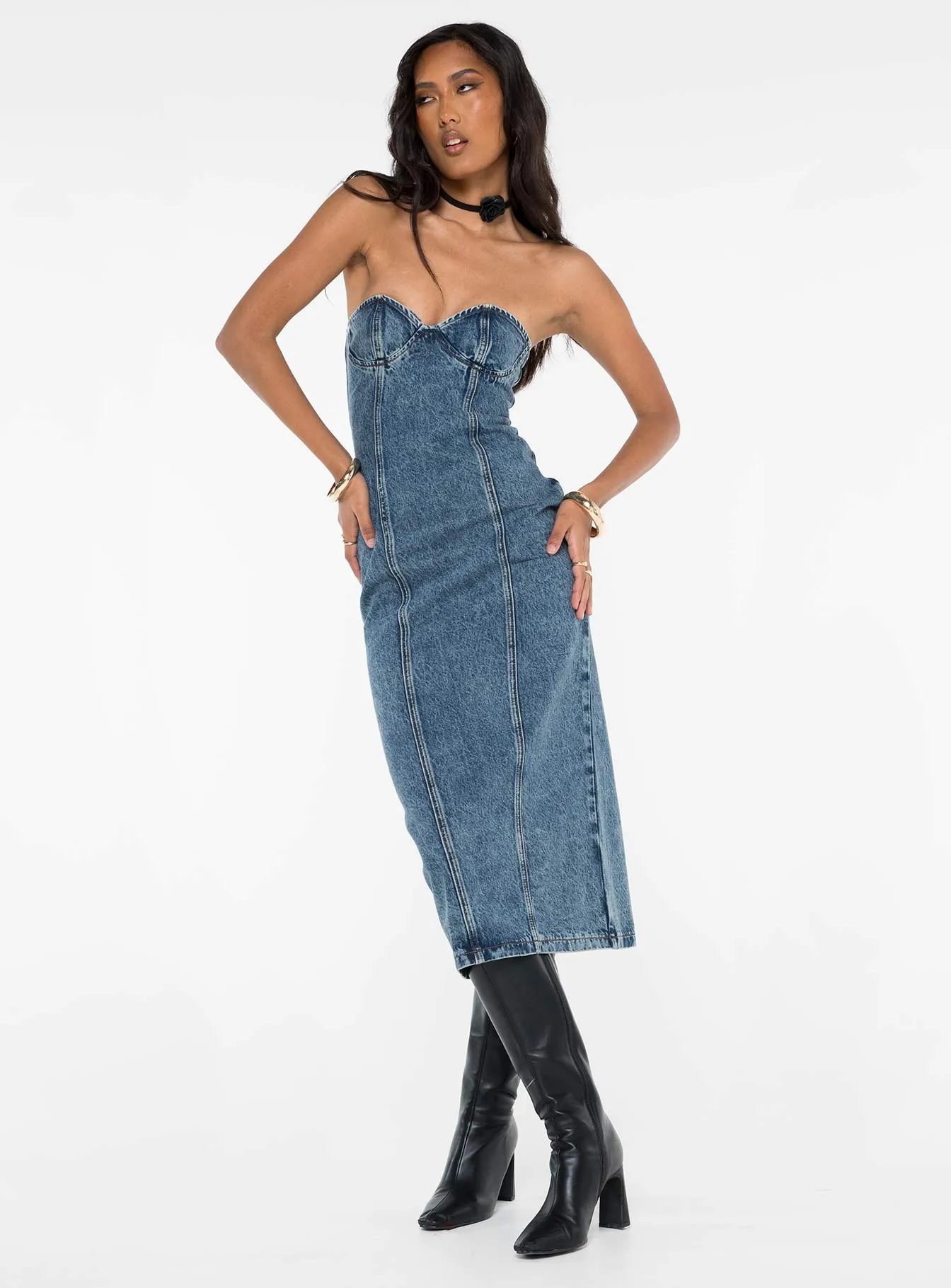 Smokeshow Strapless Midi Dress Blue Denim sold by Princess Polly product image thumbnail 2