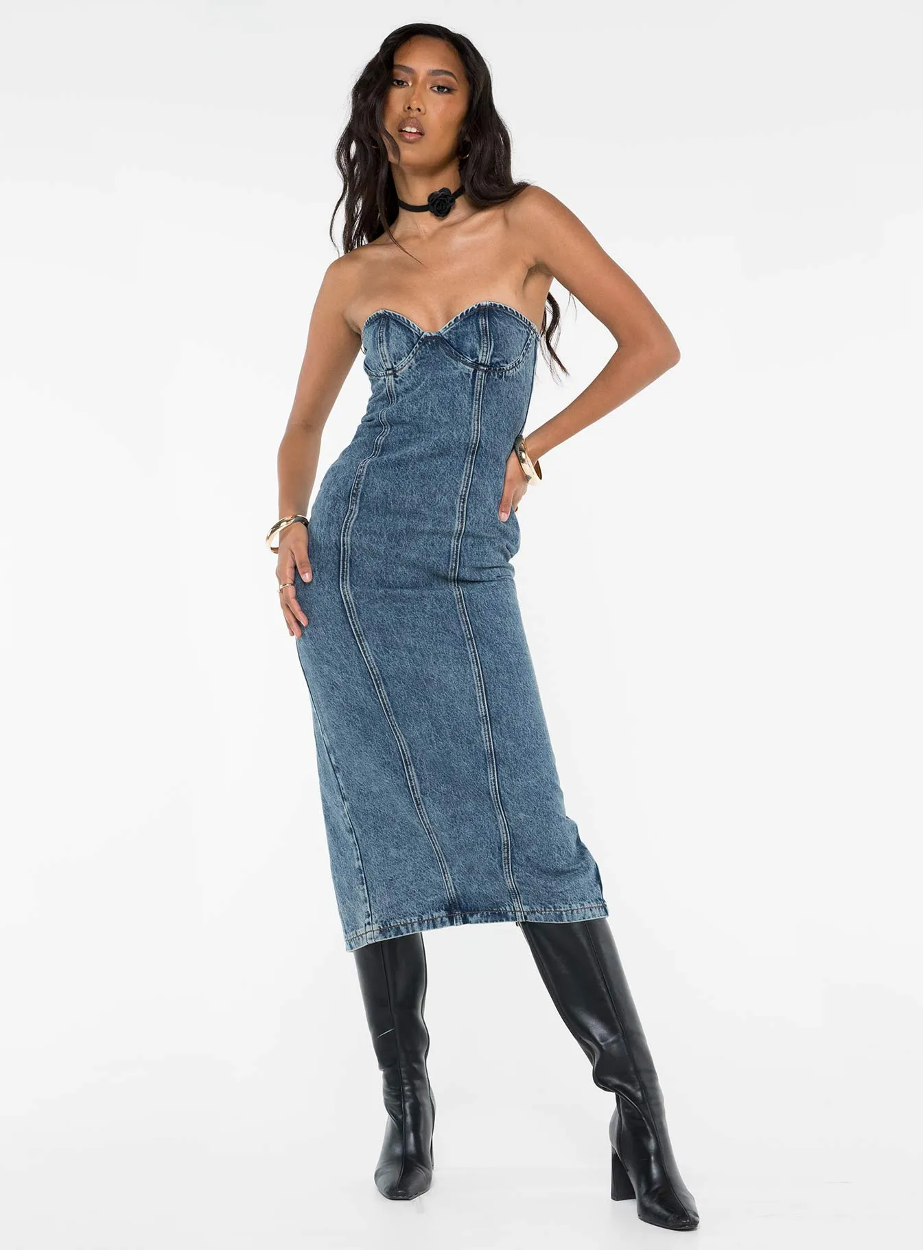 Smokeshow Strapless Midi Dress Blue Denim sold by Princess Polly product image thumbnail 3
