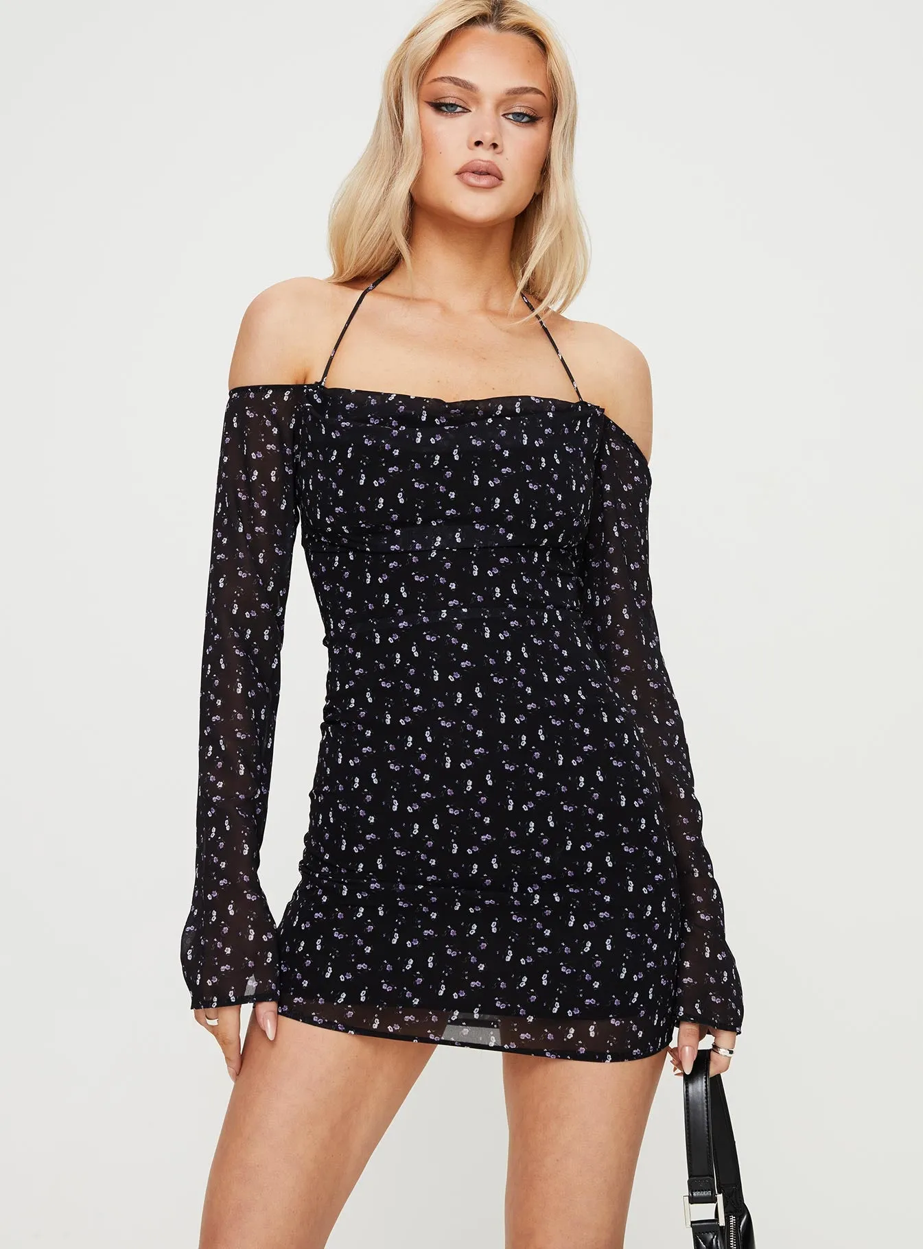 Tisha Off The Shoulder Mini Dress Black Floral sold by Princess Polly