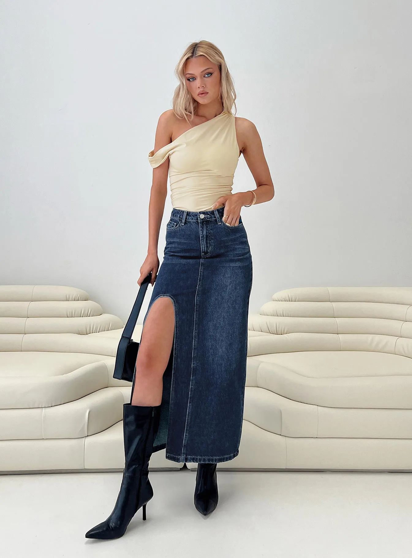Saige Denim Maxi Skirt Mid Wash sold by Princess Polly