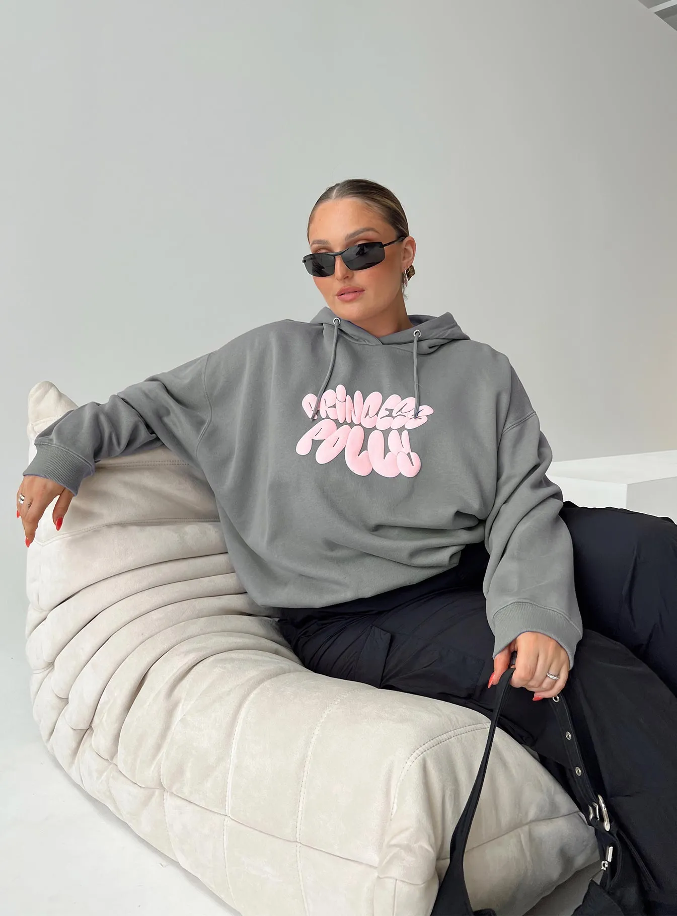 Princess Polly Hooded Sweatshirt Bubble Text Charcoal / Light Pink Curve sold by Princess Polly