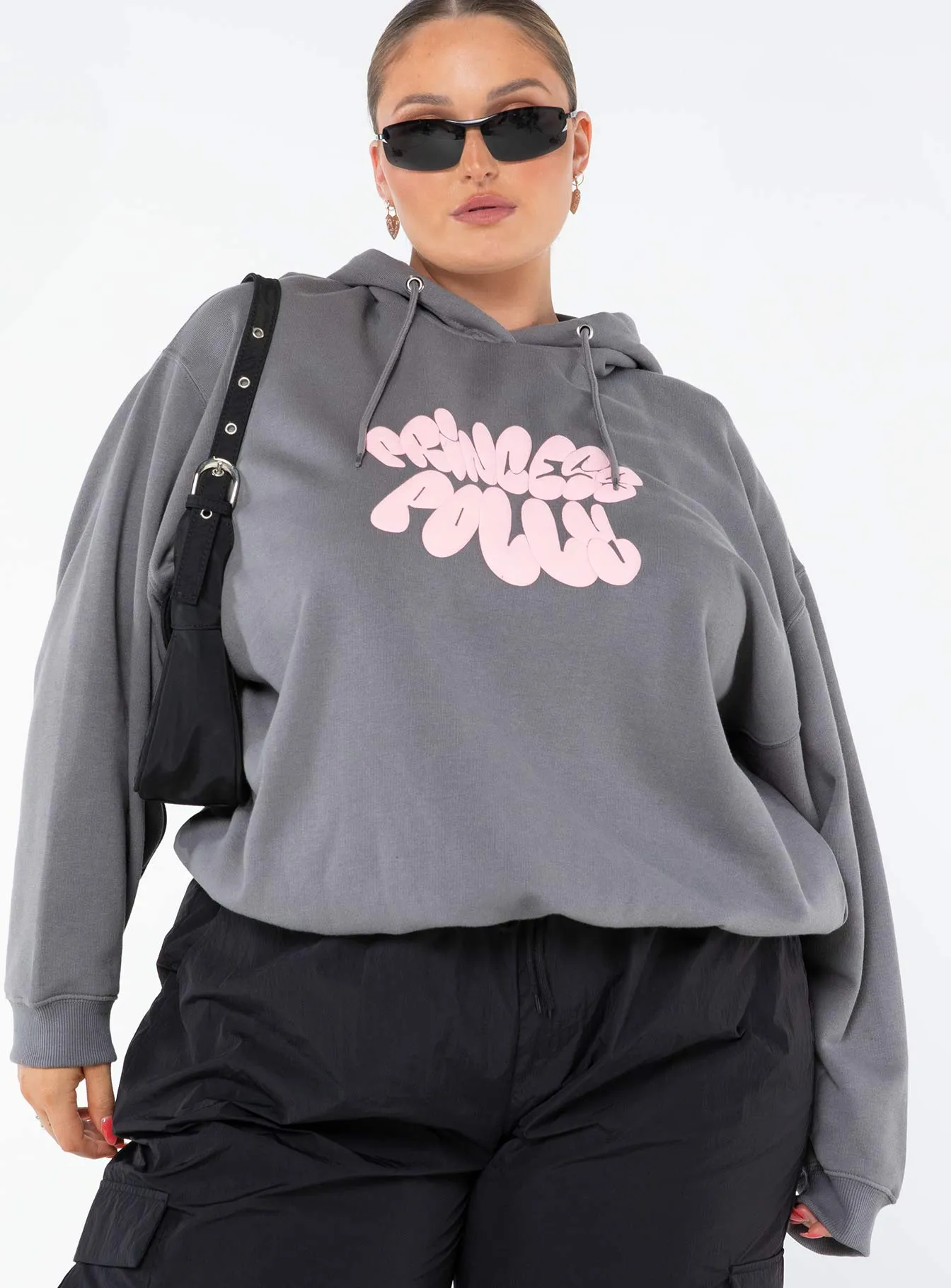Princess Polly Hooded Sweatshirt Bubble Text Charcoal / Light Pink Curve sold by Princess Polly product image thumbnail 2
