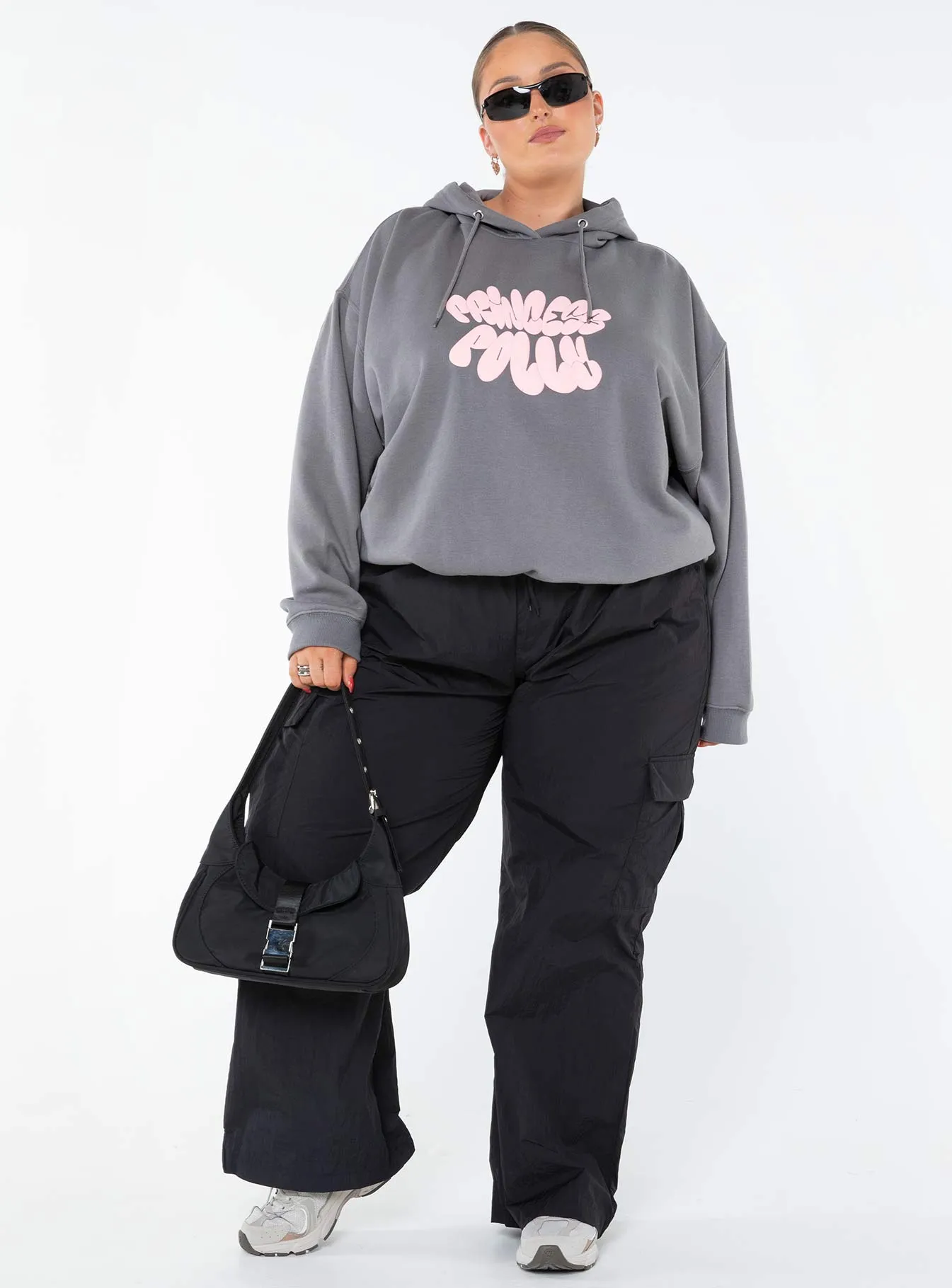 Princess Polly Hooded Sweatshirt Bubble Text Charcoal / Light Pink Curve sold by Princess Polly product image thumbnail 3