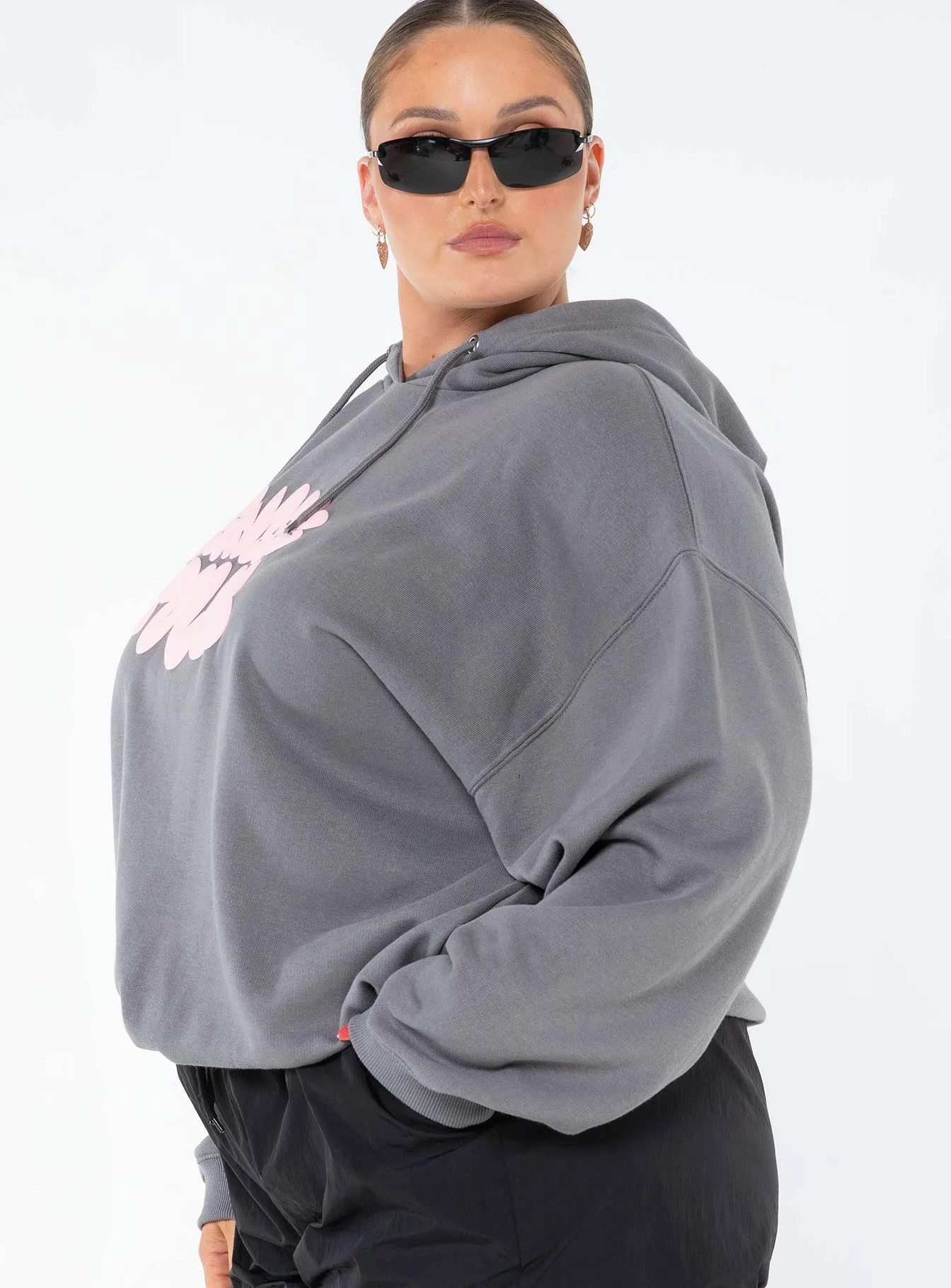 Princess Polly Hooded Sweatshirt Bubble Text Charcoal / Light Pink Curve sold by Princess Polly product image thumbnail 4