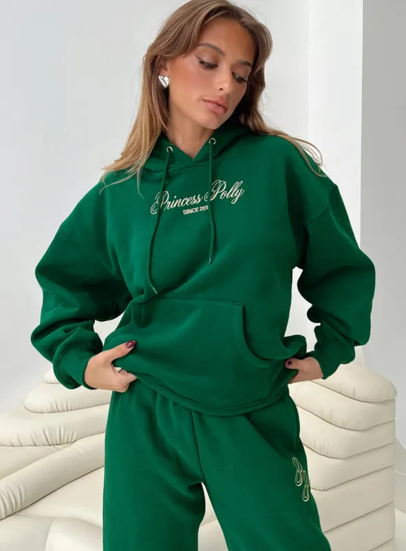 Princess Polly Hooded Sweatshirt Script Green / Ivory sold by Princess Polly