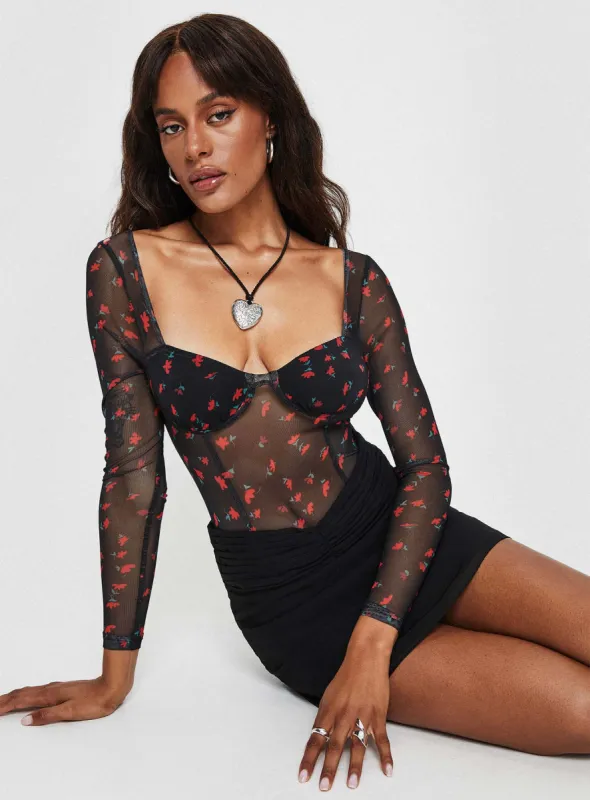 Lamaro Long Sleeve Bodysuit Black / Red Floral sold by Princess Polly