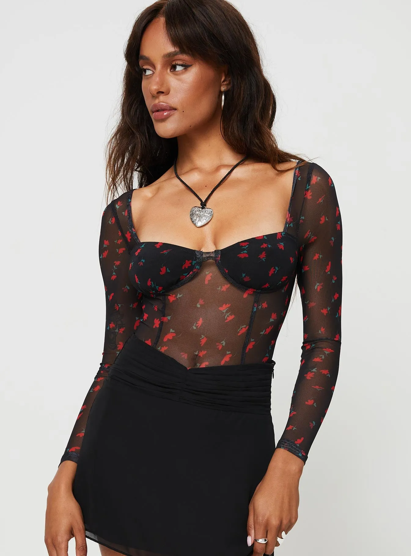 Lamaro Long Sleeve Bodysuit Black / Red Floral sold by Princess Polly product image thumbnail 2